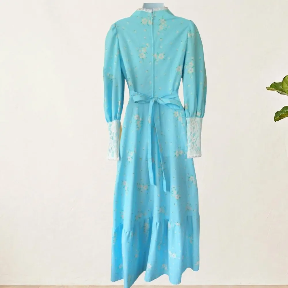 Vintage 70s Blue Prairie Maxi Dress Gunne Sax Style XS Lace Up Cottagecore Boho - Picture 3 of 11